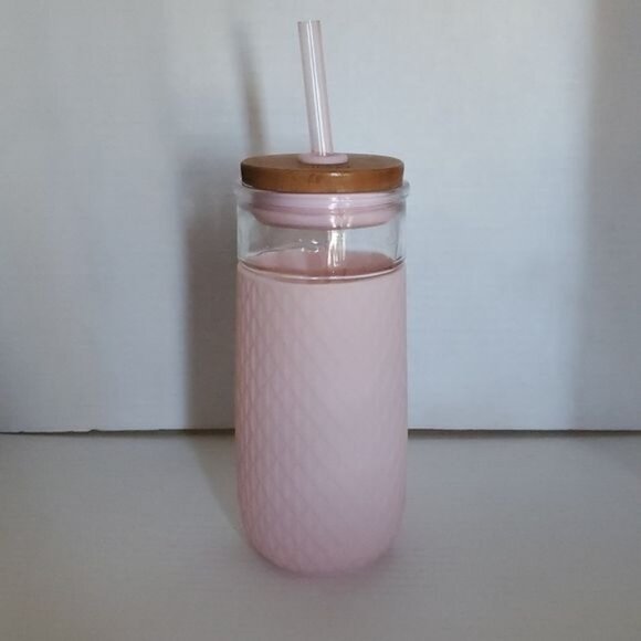 18 OZ Ello Devon Glass Container Tumbler Pink Satin Silicone Sleeve Wooden Lid - Picture 12 of 14